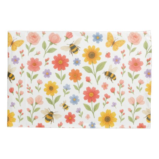 Pink Orange Yellow Floral and Bee Pattern  Kussensloop (Achterkant)