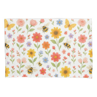 Pink Orange Yellow Floral and Bee Pattern  Kussensloop
