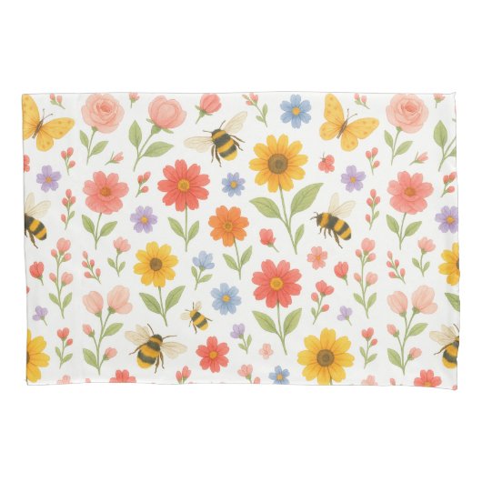 Pink Orange Yellow Floral and Bee Pattern  Kussensloop (Voorkant)