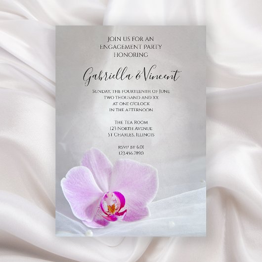 Pink Orchid en Bridal Veil Engagement Party Kaart