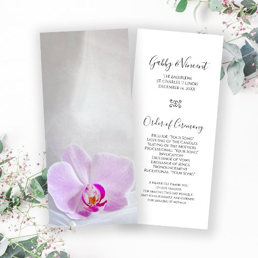 Pink Orchid en Bridal Veil Wedding Programme Programmakaart