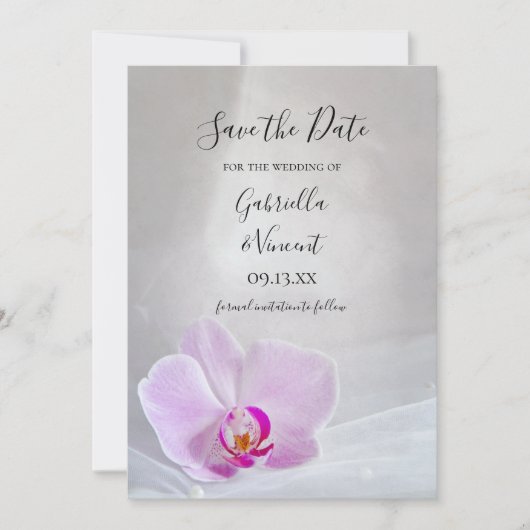 Pink Orchid en Bridal Veil Wedding Save the Date (Voorkant)