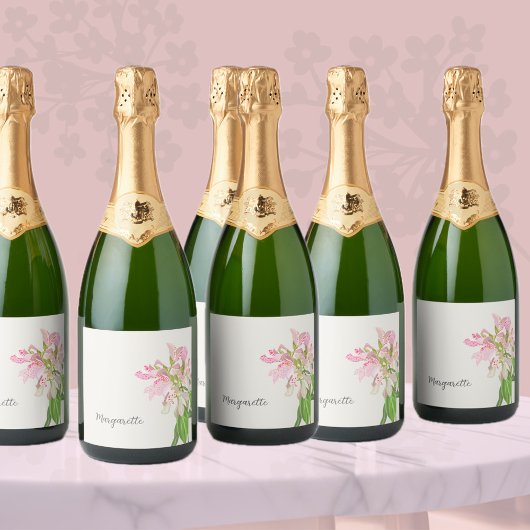 Pink Orchid Floral Design – Elegant Botanical Art Sparkling Wijnetiket