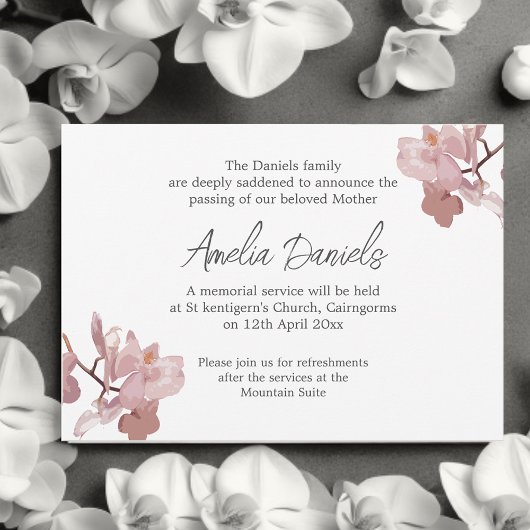 Pink Orchid Funeral Announcement Kaart