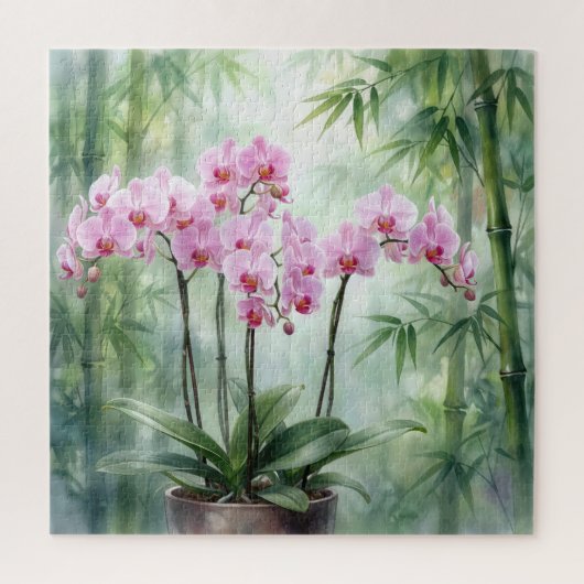 Pink Orchid Plant On Bamboo Background Legpuzzel (Verticaal)