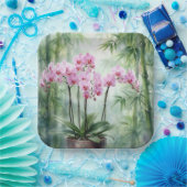 Pink Orchid Plant On Bamboo Background Papieren Bordje (Feest)