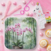 Pink Orchid Plant On Bamboo Background Papieren Bordje (Feest)