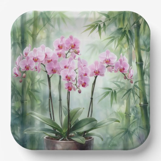 Pink Orchid Plant On Bamboo Background Papieren Bordje (Voorkant)