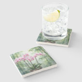 Pink Orchid Plant On Bamboo Background Stenen Onderzetter (Zijkant)