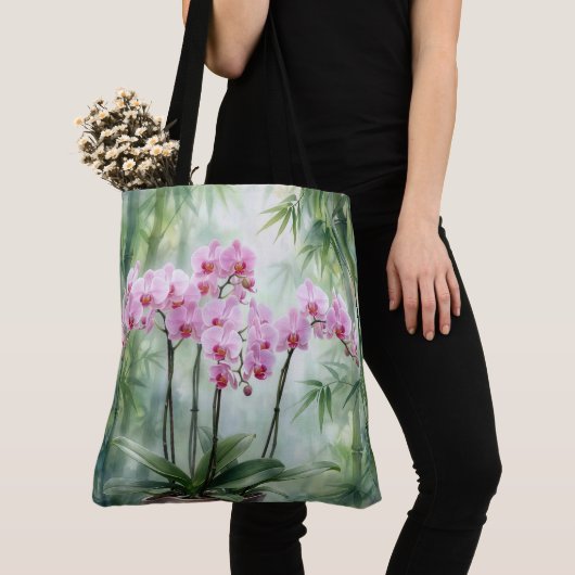 Pink Orchid Plant On Bamboo Background Tote Bag (Dichtbij)