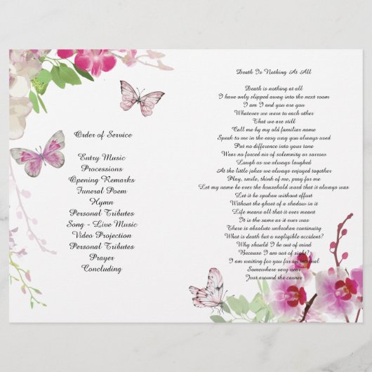 Pink Orchids Butterfly Funeral Programme Flyer (Achterkant)