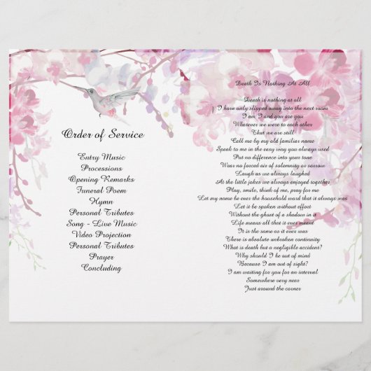 Pink Orchids Hummingbird Funeral Programme Flyer (Achterkant)