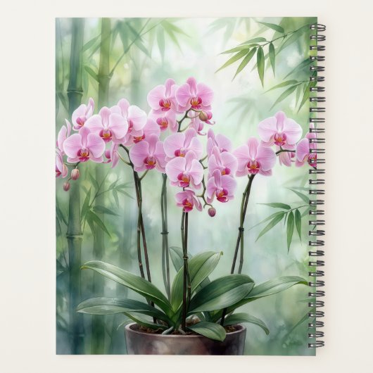Pink Orchids On Green Bamboo Background Planner (Achterkant)