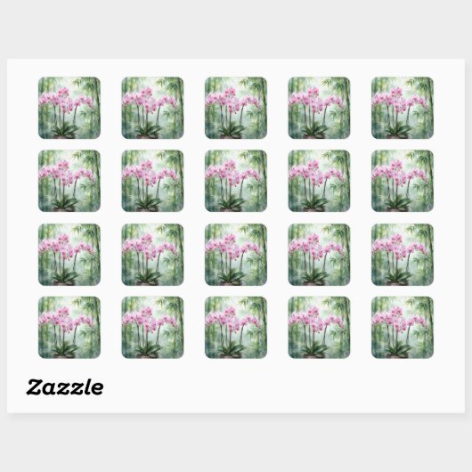 Pink Orchids On Green Bamboo Background Vierkante Sticker (Vel)