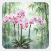 Pink Orchids On Green Bamboo Background Vierkante Sticker (Voorkant)