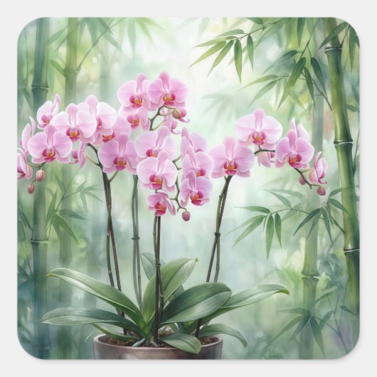 Pink Orchids On Green Bamboo Background Vierkante Sticker (Voorkant)