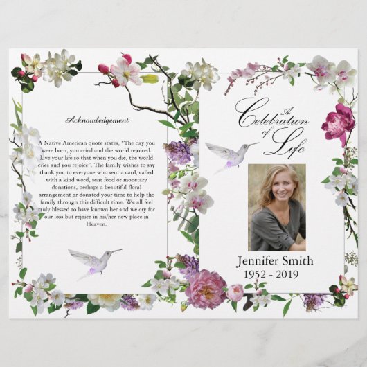Pink Orchids Peony Hummingbird Funeral Programme Flyer (Voorkant)