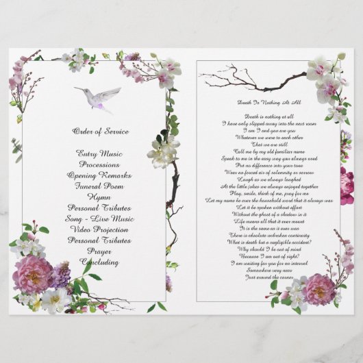 Pink Orchids Peony Hummingbird Funeral Programme Flyer (Achterkant)