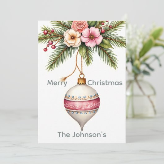 Pink Ornament Christmas Photo Feestdagenkaart (Staand voorkant)