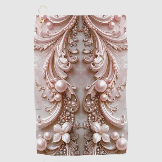 Pink Ornate Pearl and Floral Golf Towel Golfhanddoek (Voorkant)