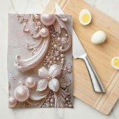 Pink Ornate Pearl and Floral Kitchen Towel Theedoek (Quarter Fold)