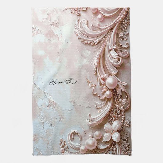 Pink Ornate Pearl and Floral Kitchen Towel Theedoek (Verticaal)