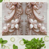 Pink Ornate Pearl and Floral Kitchen Towel Theedoek (Gevouwen)