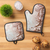 Pink Ornate Pearl and Floral Ovenwant & Pannenlap Set (Top down)