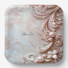 Pink Ornate Pearl and Floral Paper Plate Papieren Bordje