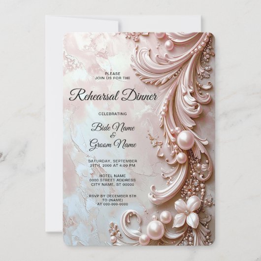 Pink Ornate Pearl and Floral Rehearsal Dinner Kaart (Voorkant)