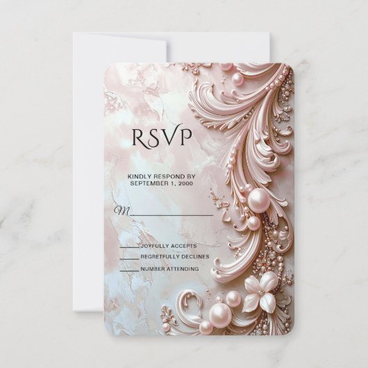 Pink Ornate Pearl and Floral RSVP Card Kaartje (Voorkant)