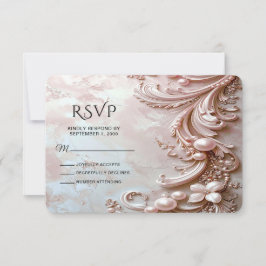 Pink Ornate Pearl and Floral RSVP Card Kaartje