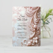 Pink Ornate Pearl and Floral Save the Date (Staand voorkant)