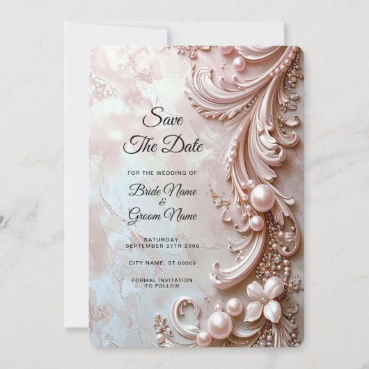 Pink Ornate Pearl and Floral Save the Date (Voorkant)