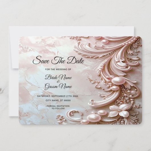 Pink Ornate Pearl and Floral Save The Date (Voorkant)