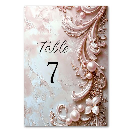Pink Ornate Pearl and Floral Table Number Kaart (Voorkant)