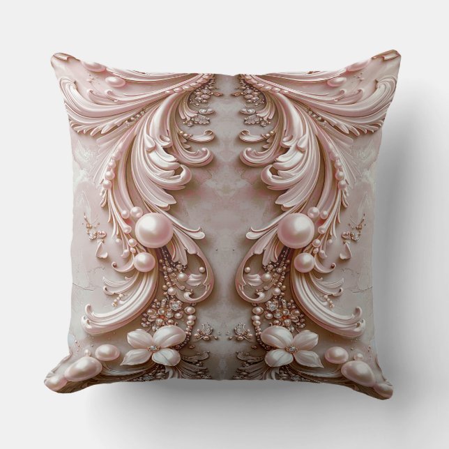 Pink Ornate Pearl and Floral Throw Pillow Kussen (Voorkant)