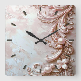 Pink Ornate Pearl and Floral Wall Clock Vierkante Klok