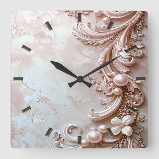 Pink Ornate Pearl and Floral Wall Clock Vierkante Klok (Voorkant)