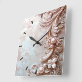Pink Ornate Pearl and Floral Wall Clock Vierkante Klok (Hoek)