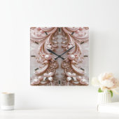 Pink Ornate Pearl and Floral Wall Clock Vierkante Klok (Huis)