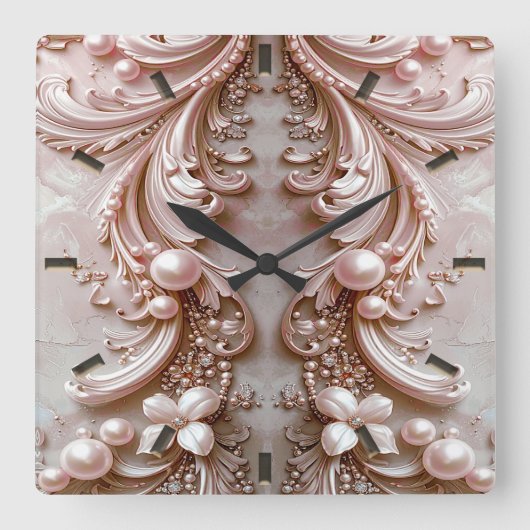 Pink Ornate Pearl and Floral Wall Clock Vierkante Klok (Voorkant)