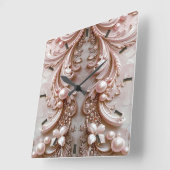 Pink Ornate Pearl and Floral Wall Clock Vierkante Klok (Hoek)