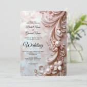 Pink Ornate Pearl and Floral Wedding Invitation Kaart (Staand voorkant)