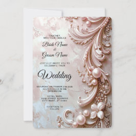 Pink Ornate Pearl and Floral Wedding Invitation Kaart