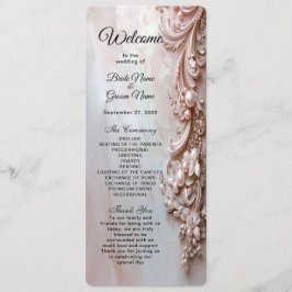 Pink Ornate Pearl and Floral Wedding Program Programmakaart
