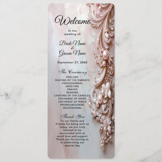 Pink Ornate Pearl and Floral Wedding Program Programmakaart (Voorkant)