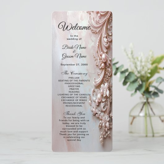 Pink Ornate Pearl and Floral Wedding Program Programmakaart (Staand voorkant)