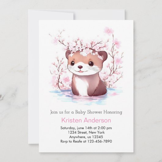 Pink Otter Whimsical Wildflower Meisje Baby shower Kaart (Voorkant)