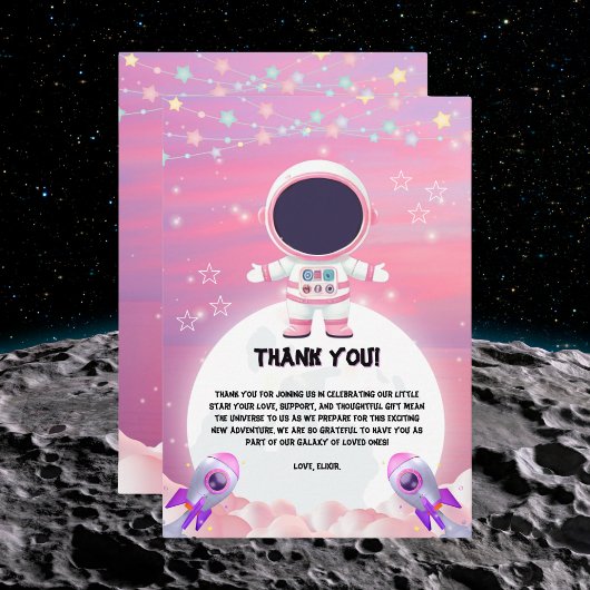 Pink Outer Space Little Explorer Baby shower Bedankkaart